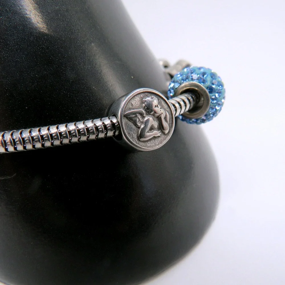 Silver Tone Celebrate Life Angel Charm Bracelet Blue Rhinestone Snake Chain